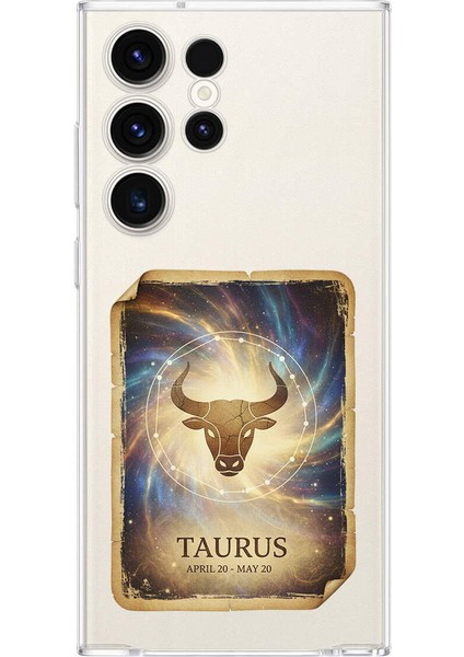 Samsung Galaxy S23 Ultra ile Uyumlu Burç Kartları Boğa Tasarımlı Şeffaf Silikon Kılıf