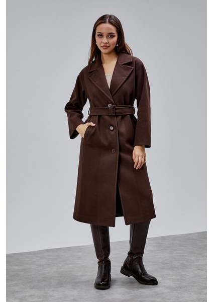 Kahverengi Premium Oversize Kemerli Kaşe Kaban