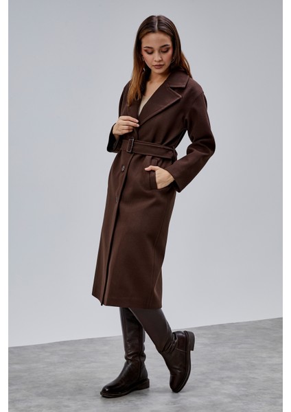 Kahverengi Premium Oversize Kemerli Kaşe Kaban fiyatları