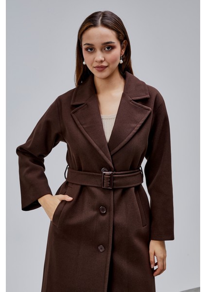 Kahverengi Premium Oversize Kemerli Kaşe Kaban modelleri
