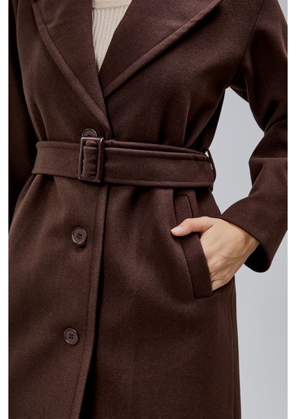 Kahverengi Premium Oversize Kemerli Kaşe Kaban fırsatları