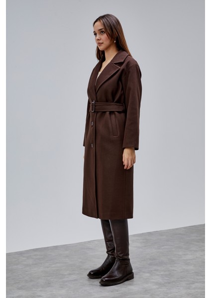 Kahverengi Premium Oversize Kemerli Kaşe Kaban indirimleri