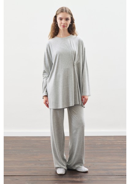 Düğüm Tasarımlı Pantolonlu Takım Gri Melanj fiyatları