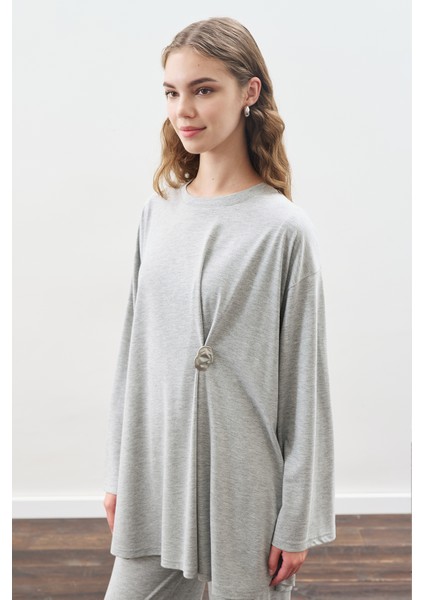 Düğüm Tasarımlı Pantolonlu Takım Gri Melanj modelleri