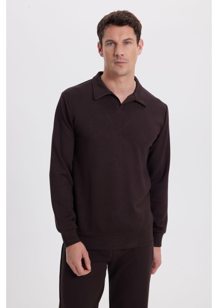 Erkek Relax Fit Rahat Kesim Polo V Yaka Kahverengi Sweatshirt