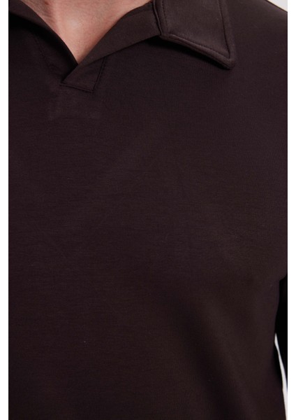 Erkek Relax Fit Rahat Kesim Polo V Yaka Kahverengi Sweatshirt