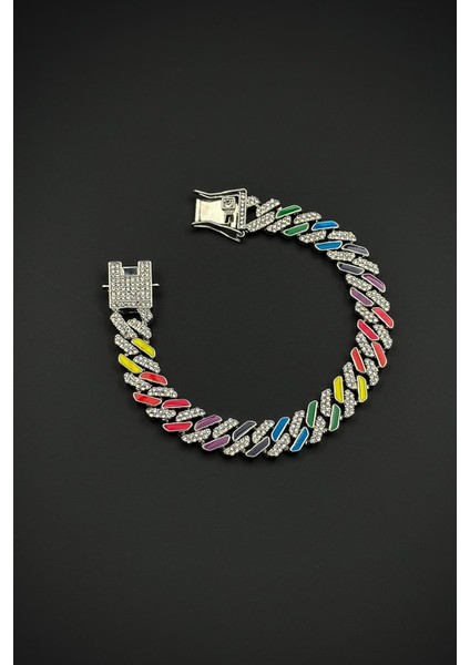 Bronz Madenli Çok Renkli Zirkon Taşlı Gümüş Renk Tennis Erkek Bileklik FRJ12584-3584-CK
