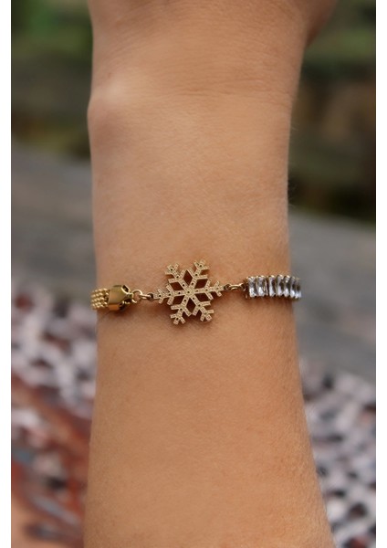 Gold Kar Tanesi Figürlü Zirkon Detaylı Kadın Çelik Bileklik fiyatları