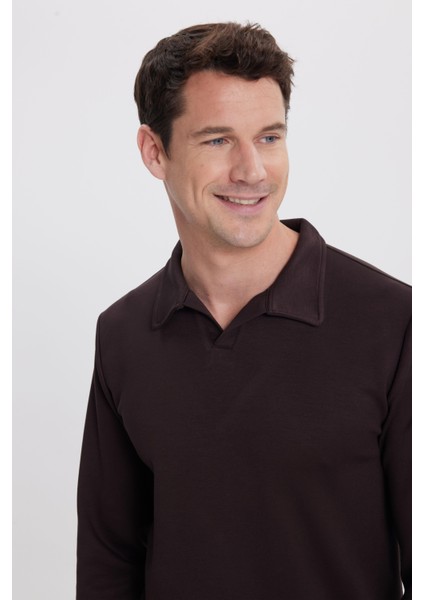 Erkek Relax Fit Rahat Kesim Polo V Yaka Kahverengi Sweatshirt fiyatları