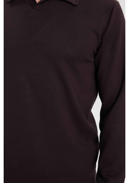 Erkek Relax Fit Rahat Kesim Polo V Yaka Kahverengi Sweatshirt modelleri
