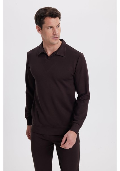 Erkek Relax Fit Rahat Kesim Polo V Yaka Kahverengi Sweatshirt fırsatları