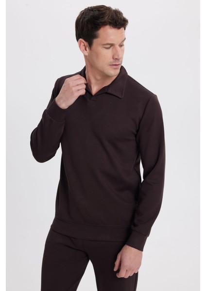 Erkek Relax Fit Rahat Kesim Polo V Yaka Kahverengi Sweatshirt indirimleri