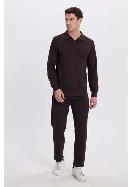 Erkek Relax Fit Rahat Kesim Polo V Yaka Kahverengi Sweatshirt