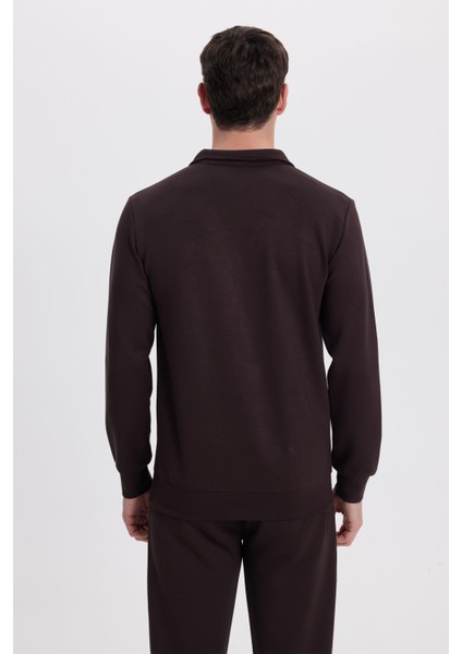 Erkek Relax Fit Rahat Kesim Polo V Yaka Kahverengi Sweatshirt
