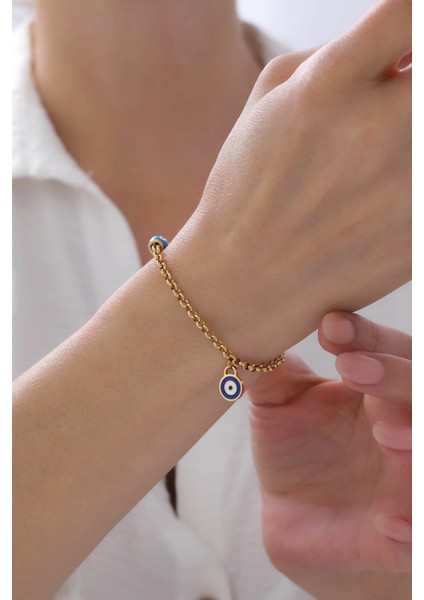 Mavi Nazar Boncuklu Altın Çelik Zincir Kadın Bileklik
