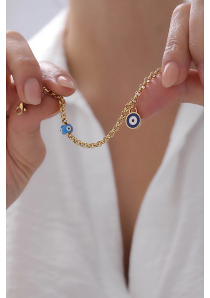 Mavi Nazar Boncuklu Altın Çelik Zincir Kadın Bileklik fiyatları