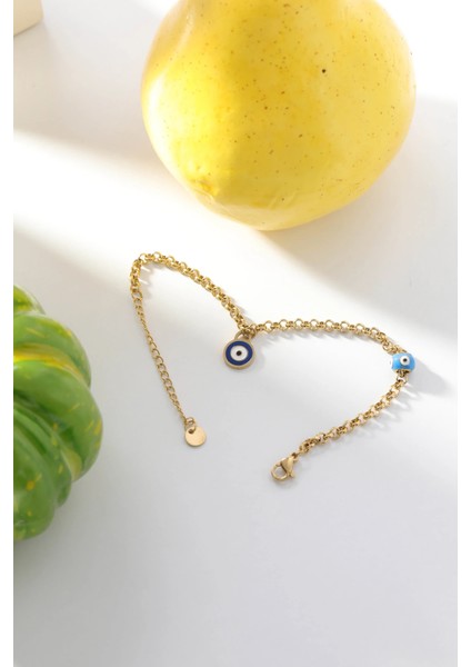 Mavi Nazar Boncuklu Altın Çelik Zincir Kadın Bileklik modelleri