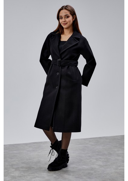 Siyah Premium Oversize Kemerli Kaşe Kaban