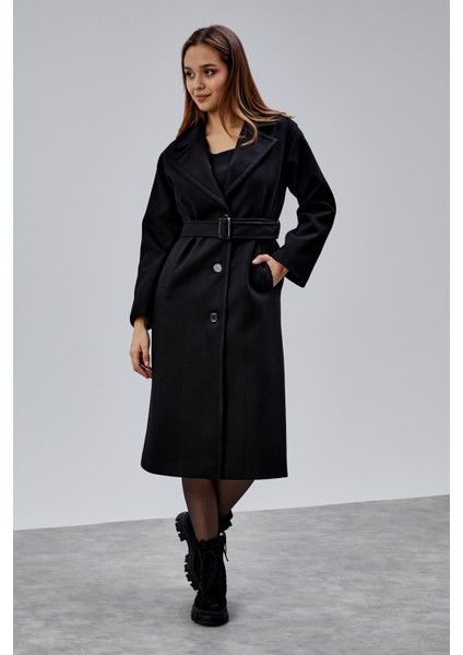 Siyah Premium Oversize Kemerli Kaşe Kaban fiyatları