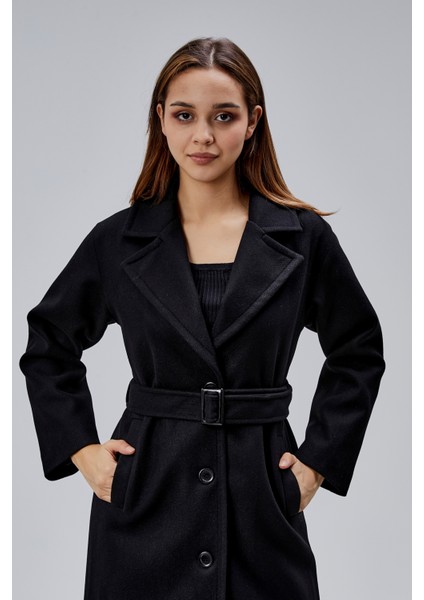 Siyah Premium Oversize Kemerli Kaşe Kaban indirimleri