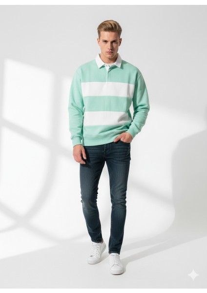 Unısex Gömlek Yaka Üç Iplikli Düğmeli Yumuşak Dokulu Çift Renk Sweatshirt