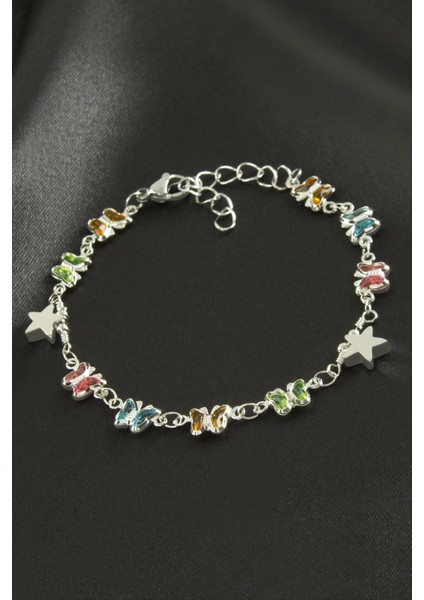 Kelebek Kristal Taşlı Çelik Bileklik