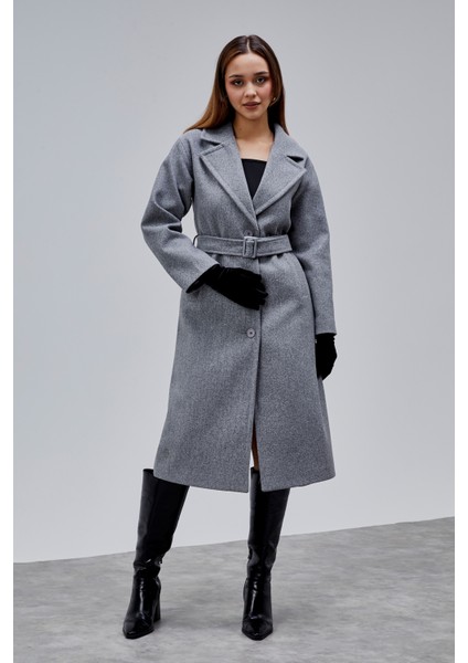 Gri Premium Oversize Kemerli Kaşe Kaban
