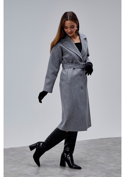 Gri Premium Oversize Kemerli Kaşe Kaban modelleri