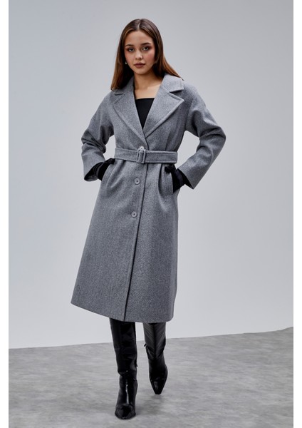 Gri Premium Oversize Kemerli Kaşe Kaban fırsatları