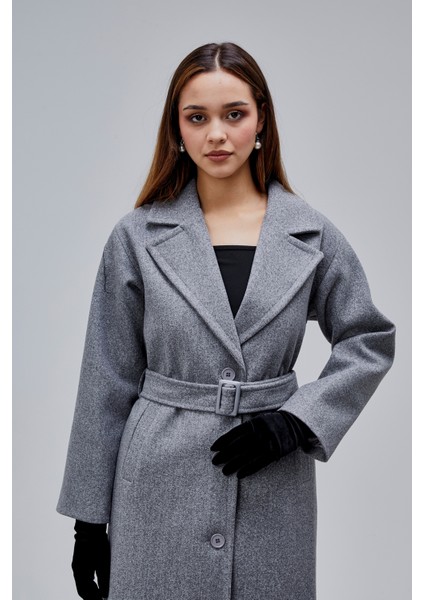 Gri Premium Oversize Kemerli Kaşe Kaban indirimleri
