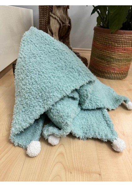 El Örgüsü Ponpon Detaylı Kalın Peluş Unisex Bebek Triko Battaniye 85*95 cm Mint fırsatları