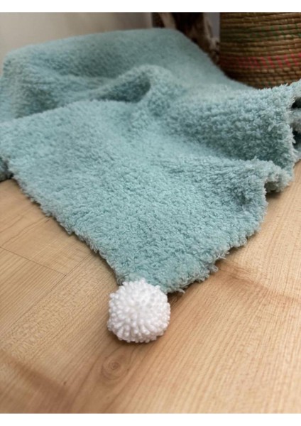 El Örgüsü Ponpon Detaylı Kalın Peluş Unisex Bebek Triko Battaniye 85*95 cm Mint indirimleri