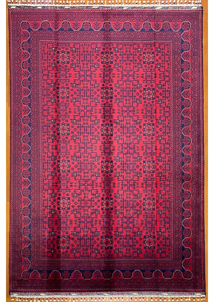 El Dokuma Afgan Halı Yıldız Desenli Bordo Renk 6 Metre Kare