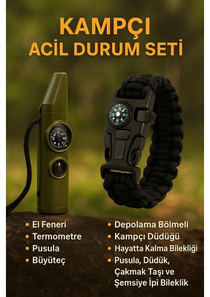Kampçı Acil Durum Seti (Kampçı Bilekliği, Kampçı Düdüğü