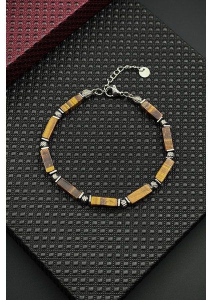 316L Çelik ve Kaplan Gözü Doğal Taşlı Kahverengi Erkek Bileklik FRJ12411-3411-K2