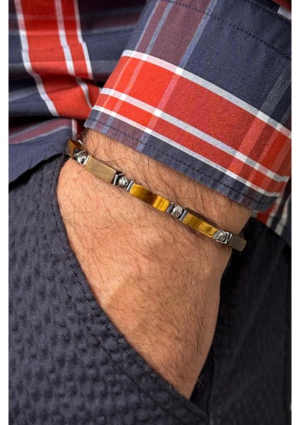 316L Çelik ve Kaplan Gözü Doğal Taşlı Kahverengi Erkek Bileklik FRJ12411-3411-K2 fiyatları