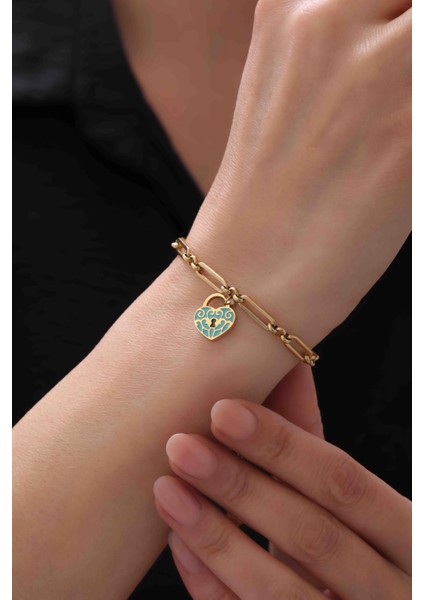 Kalpli Kilit Tasarım Gold Kaplama Çelik Kadın Bileklik