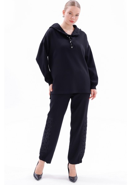 Dantel Detay Tunik Pantolon Takım 19467 Siyah