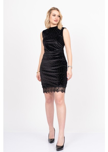 Velvet Lace Elegance – Premium Kadife Güpür Taşlı Dress 50344