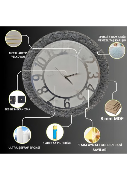 Duvar Saati - 50 cm - Modern Dekoratif Duvar Saati - Epoksi Duvar Saati - El Yapımı Duvar Saati - Gümüş Gri