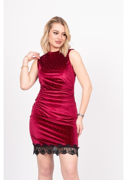Velvet Lace Elegance – Premium Kadife Güpür Taşlı Dress 50344