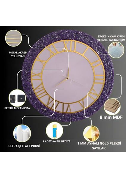 Duvar Saati - 50 cm - Modern Dekoratif Duvar Saati - Epoksi Duvar Saati - El Yapımı Duvar Saati -Şık Duvar Saati