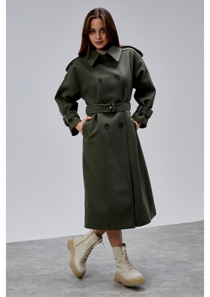 Haki Kuşaklı Oversize Kaşe Kaban 44577