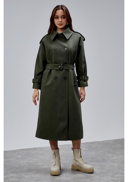 Haki Kuşaklı Oversize Kaşe Kaban 44577 indirimleri