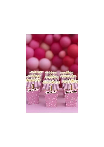 1 Yaş Doğum Günü Pembe Popcorn Kutusu, 8 Adet, Çizgili ve Puantiyeli Tasarım, Parti Süslemesi