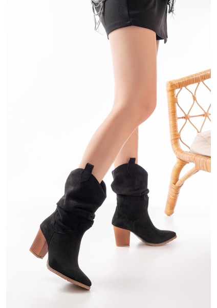 ZRİN-1860 Premium Siyah Süet Körüklü Kalın Topuklu Günlük Kadın Bot modelleri