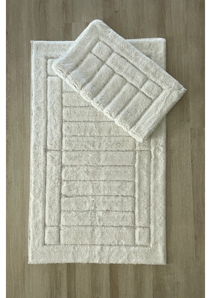 %100 Pamuk Tafting Su Emici Yumuşak Dokulu Banyo Paspas Seti, Banyo Halısı 2 Li Set 60X100 - 50X60