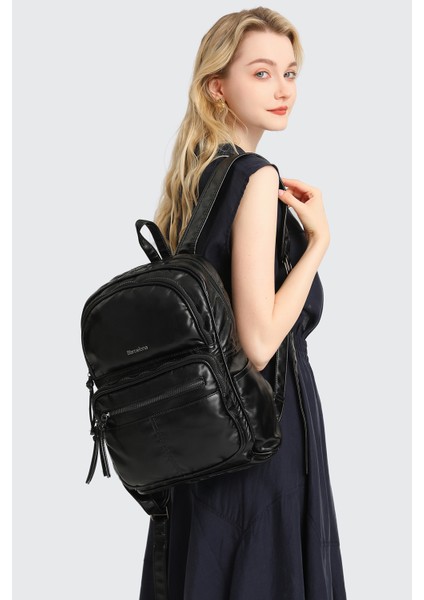 Barcelona Günlük Çok Cepli Orta Boy Kadın Sırt Çantası 1872 Siyah