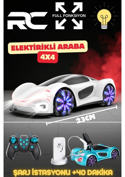 Uzaktan Kumandalı LED Işıklı Sesli Müzikli Buhar Atan Şarj Istasyonlu 4x4 Rc Elektirikli Araba 23 cm