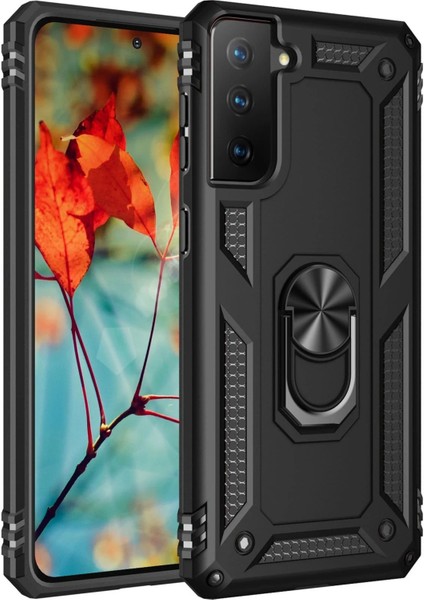 OMR02 Samsung Galaxy S21 Kılıf Sofya Yüzüklü Silikon Kapak - Siyah